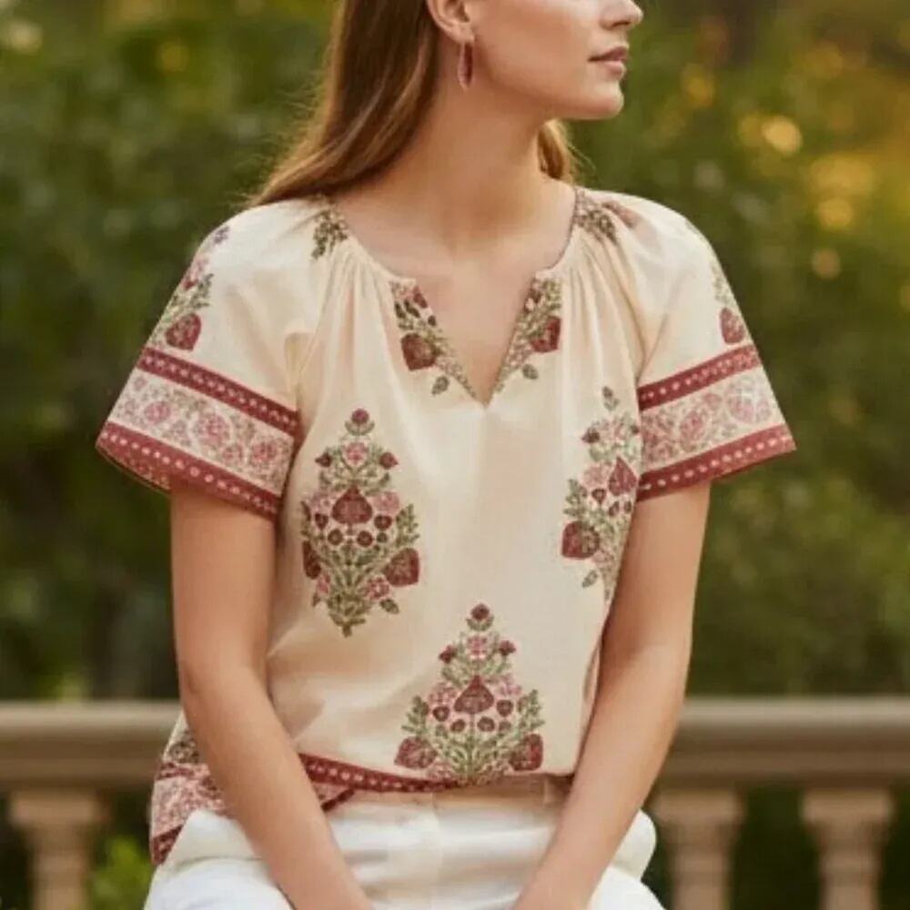 Tuckernuck Floral Elena Top Size XS Border Print Short Sleeve Boho Blouse NWT